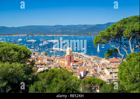 Saint-Tropez casco antiguo y el puerto de yates vista desde la fortaleza de la colina. Provence Cote d'Azur, Francia.