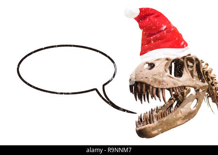 Tyrannosaurus Rex cabeza con sombrero de Navidad y copos de nieve.  pensamiento ballon con feliz navidad texto aislado sobre blanco Fotografía  de stock - Alamy