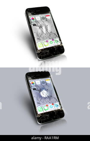 Iphone 4 pantalla brillante agrietado y el logotipo de Apple, señales de advertencia, marca, símbolo de reciclado Foto de stock