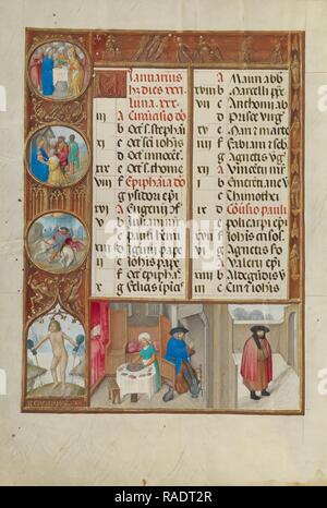 Banquete y calentamiento, signo zodiacal de Acuario, taller del maestro de James IV de Escocia (flamenco, antes de 1465 reinventado Foto de stock
