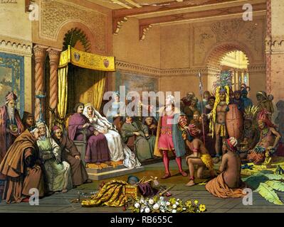 Colón en la corte de Barcelona. Cristóbal Colón ante el Rey y la Reina de España, presentando los indios y los tesoros del Nuevo Mundo, 1493. Foto de stock