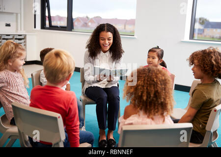 Profesor de la escuela femenina joven leyendo un libro para niños de kinder, sentados en sillas en un círculo en el aula escuchando Foto de stock