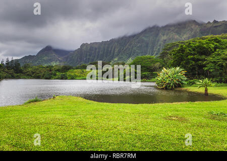 Vista del lago y de las montañas en Hoomaluhia jardín botánico, Isla Oahu, Hawai Foto de stock