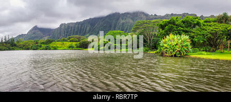 Vista panorámica del lago y de las montañas en Hoomaluhia jardín botánico, Isla Oahu, Hawai Foto de stock