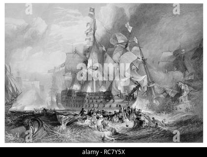 J.M.W Turner de la Batalla de Trafalgar grabado por W. Miller Foto de stock