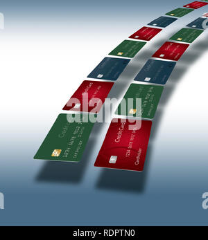 Tarjetas de crédito a través de la página de arco y está rodeado con espacio para texto u otros elementos de diseño. Esta es una ilustración.