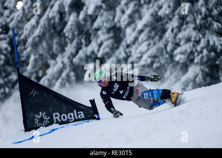 Rogla, Eslovenia. Del 19 de enero del 2019. Rok Marguc de Eslovenia compite durante la FIS Snowboard Slalom Paralelo Gigante de Hombres de carreras de la Copa Mundial de Rogla, Eslovenia, el 19 de enero de 2019. Foto: Jure Jure Makovec Makovec: Crédito/Alamy Live News Foto de stock