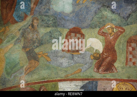 Adán y Eva está de luto por la muerte de Abel. Fresco por Federación de pintores de iconos Gury Nikitin y Sila Savin (1680) en la galería del norte (Papert) de la Iglesia de Elías el profeta en Yaroslavl, Rusia. Foto de stock