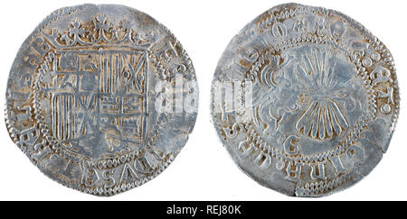 Antigua moneda de plata española de los reyes Fernando e Isabel. Reyes Católicos. Acuñado en Granada. Real.