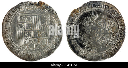 Antigua moneda de plata española de los reyes Fernando e Isabel. Reyes Católicos. Acuñado en Burgos. Real.