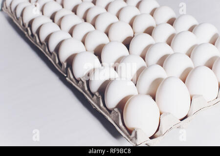 Huevos blancos de una gallina en inofensivos, embalaje de cartón sobre un fondo blanco. Foto de stock