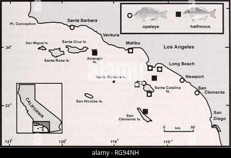 . Boletín - Academia de Ciencias de California del Sur. La ciencia. Edad y  crecimiento del OPALEYE Y MEDIA LUNA BOSQUE KELP peces 27. Fig. 1. Mapa del  sur de California Bight indicando las ubicaciones de sitios de colección de  campo para opaleye ...