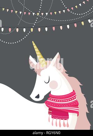 Unicornio mágico en invierno scine. Feliz Navidad y feliz año nuevo. ilustración vectorial Ilustración del Vector