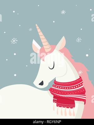 Unicornio mágico en invierno scine. Feliz Navidad y feliz año nuevo. ilustración vectorial Ilustración del Vector