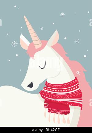 Unicornio mágico en invierno scine. Feliz Navidad y feliz año nuevo. ilustración vectorial