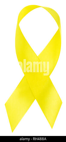 Cinta amarilla-símbolo de la toma de conciencia sobre el cáncer infantil, aislado en blanco. Foto de stock