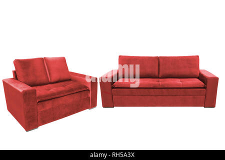 Los tres asientos acogedores sofás de tela color aislado sobre fondo blanco. Foto de stock