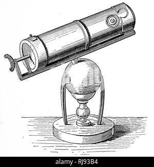 Un grabado representando telescopio reflector de Isaac Newton. Isaac Newton Sor (1643-1727), un matemático inglés, astrónomo, teólogo, autor, y físico. Fecha siglo xx Foto de stock