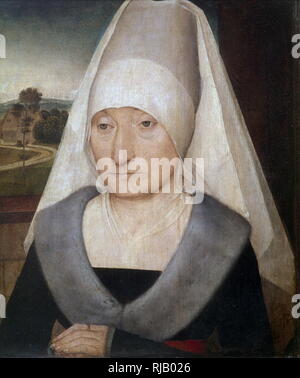 Retrato de una mujer anciana. 1470, por Hans Memling (1430 - 1494) fue un pintor alemán que se trasladó a Flandes y trabajó en la tradición de la pintura Netherlandish temprana. Foto de stock