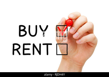 Poner la mano en la marca de verificación de color rojo comprar expresando la opción de comprar no alquilar inmuebles u otros bienes.