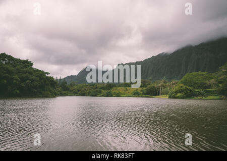 Vista del lago y de las montañas en Hoomaluhia jardín botánico, Isla Oahu, Hawai Foto de stock