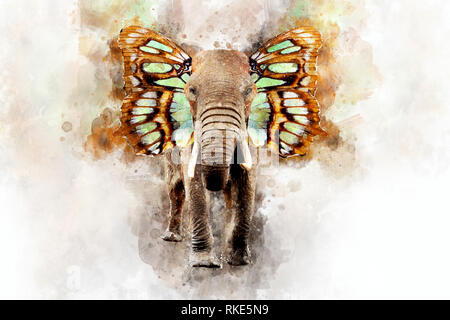 Ilustración acuarela retrato de elefante con orejas de mariposa. Hermosa  Wildlife World Fotografía de stock - Alamy