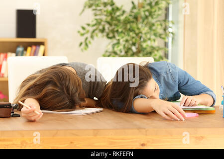 Dos estudiantes cansados durmiendo en cuadernos en un escritorio en casa Foto de stock