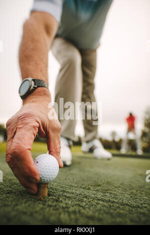 Cerca de golfista senior mano colocando la pelota de golf en el hoyo de golf driving range. Macho maduro colocación del jugador de golf pelota de golf en el tee en verde. Foto de stock