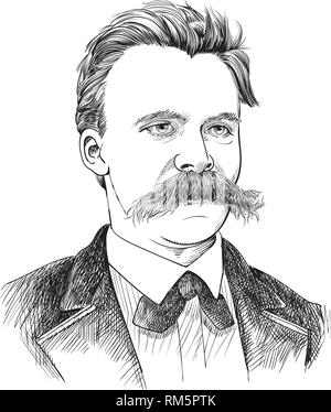 Friedrich Nietzsche en la línea vertical art illustration. Fue el filósofo alemán, filólogo, poeta, compositor y erudito clásico. Capas editables. Ilustración del Vector