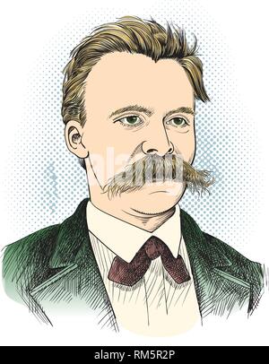 Friedrich Nietzsche en la línea vertical art illustration. Fue el filósofo alemán, filólogo, poeta, compositor y erudito clásico. Capas editables. Ilustración del Vector