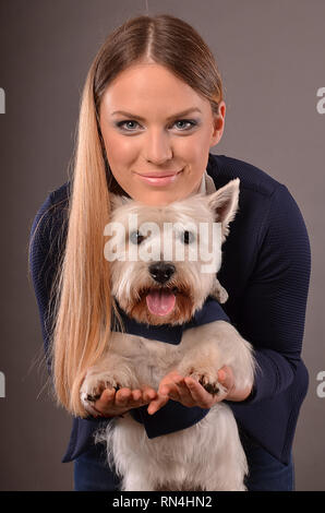 Linda chica rubia jugando con el joven Westie perro, Foto de estudio, fondo gris Foto de stock