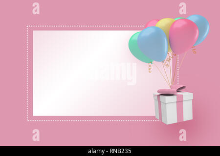 Representación 3D de un fondo de color rosa pastel con una caja de regalo y parte globos cerca de un bloque blanco o texto.