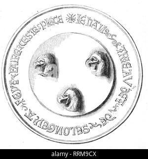 Mehmed II Fatih, 30.3.1432 - 3.5.1481, el sultán otomano 3.2.1451 - 3.5.1481, escudo de armas, medalla por Jehan de Selongey Triaudet, 1454 - 1455, retroceso, el grabado en madera, 1868, Additional-Rights-Clearance-Info-Not-Available Foto de stock