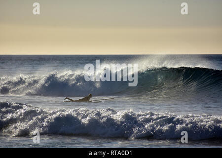 Los surfistas en las olas del océano Atlántico en el Cotillo en Fuerteventura Islas Canarias en España Foto de stock