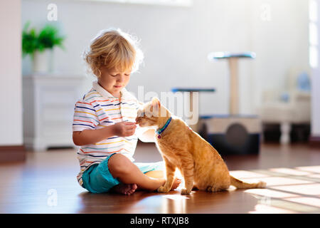 Niño jugando con el gato en la casa. Los niños y las mascotas. Niñito alimentar y acariciar a color jengibre lindo gato. Gatos y scratcher árbol en el salón interior.