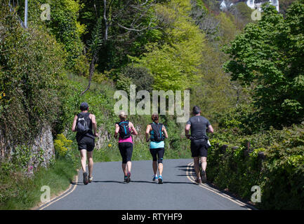 Un disparo de un grupo de corredores jogging en Cliff Road hacia Salcombe durante el verano. Foto de stock