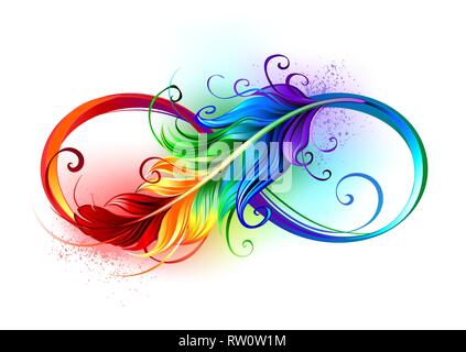 Artísticamente dibujado el símbolo de infinito con hermosa arcoiris pluma sobre fondo blanco. Estilo de tatuaje. Ilustración del Vector