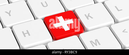 Primeros auxilios, concepto de emergencia. Botón rojo con el signo de cruz blanca en un teclado de ordenador, banner. Ilustración 3d Foto de stock