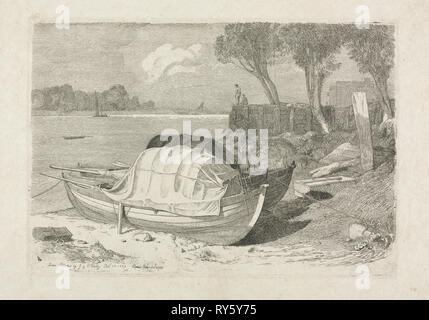 Dos varadas barcas de pesca, 1809. Cornelius Varley (británico, 1781-1873). Aguafuerte Foto de stock
