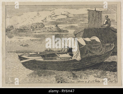Botes en un río, un molino de viento en la distancia, de 1809. Cornelius Varley (británico, 1781-1873). Litografía Foto de stock