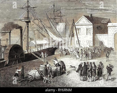 Placas de su Fulton Steamboat el "Clermont" en Nueva York para su primer viaje el 11 de abril de 1807