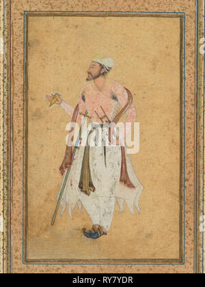 Un cortesano mogol, c. 1575; frontera agregado probablemente 1700. La India Mughal, siglo XVI. Acuarela opaca con oro en papel, montado con bordes de oro espolvoreado Foto de stock