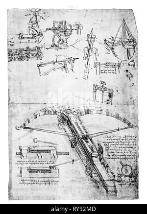 Ballesta gigante, dibujos técnicos y mecánicos de un bloc de notas, Leonardo da Vinci (1452-1519) Foto de stock