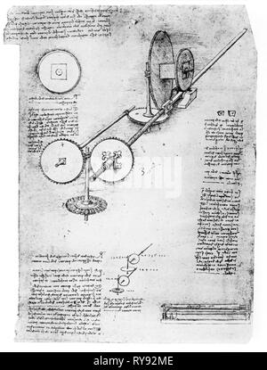 Ala mecánica con engranajes, dibujos técnicos y mecánicos de un bloc de notas, Leonardo da Vinci (1452-1519) Foto de stock