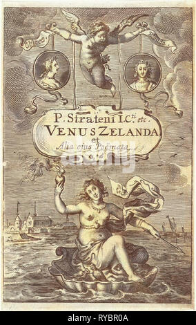 Venus en un shell con corazón ardiente y flecha, flotando fuera de la costa de Zeeland, coronado por dos medallones con retratos de Cloes y Blondae y orla con título celebrada por amor, Cornelis van Dalen I, Cornelis Boey, 1641 Foto de stock