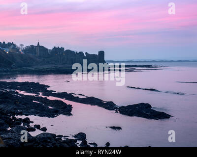 Pink sky al atardecer sobre las ruinas del castillo de St Andrews, en la costa de St Andrews Fife Escocia Foto de stock