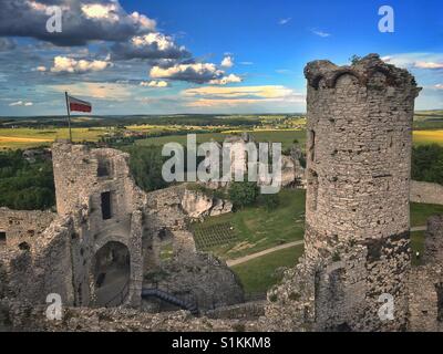 Las ruinas del castillo de Ogrodzieniec, uno de los castillos del llamado sendero de los nidos de águilas, en la aldea de Podzamcze en Polonia Foto de stock
