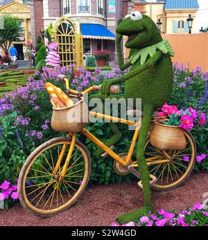 Flor de Epcot y el Festival de jardín 2019 Orlando, Florida - Kermit la rana en una bicicleta Topiary