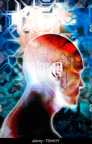 Macho de cabeza humanoide como concepto de la inteligencia artificial, las futuras generaciones de seres humanos, creado digitalmente y cyberlife identidades.
