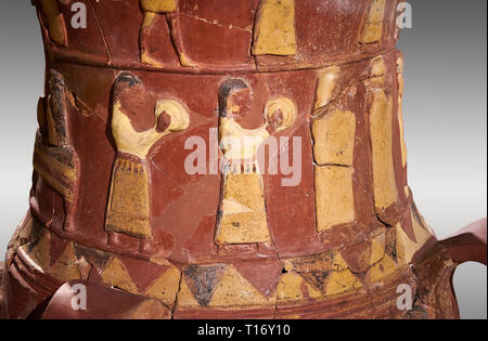 Cerca del socorro hitita Inandik decorado culto jarrón libaciones, decorada con figuras en relieve de las mujeres de color crema, rojo y negro jugando instr